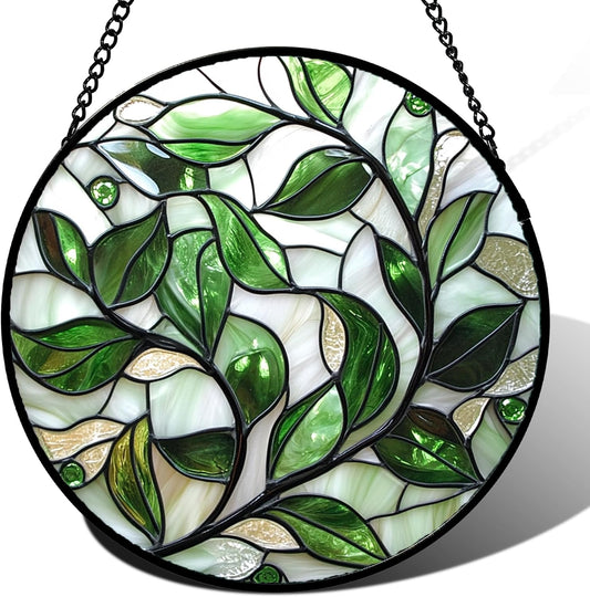 Stained Glass Window Hanging - White Green Leaves Suncatcher for Doors Window Home Plant Sun Catchers Decor Christmas Mother's Day Birthday Gifts for Teacher Women Men Mom Nana 11.8 in