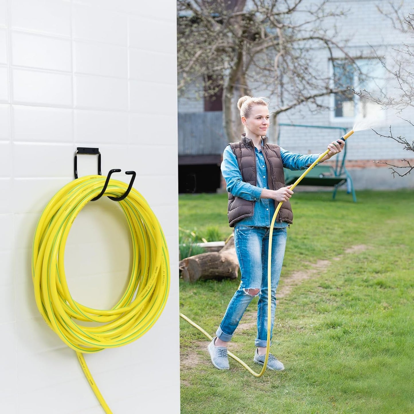 Garden Hose Holder Wall Mounted,304Stainless Steel Solid Hook Holds Up to 150Ft - Black Paint