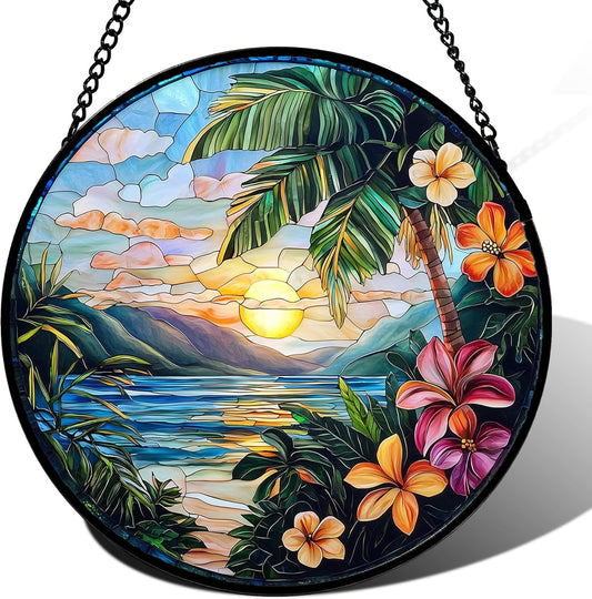 Stained Glass Window Hanging, Colorful Landscape Suncatcher for Doors Home Sun Catchers Decoration and Christmas, Mother's Day Birthday Gifts for Women, Men, and Mom 14.9x14.9 in