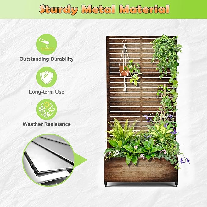 Metal Raised Garden Bed with Trellis, 2-in-1 Planter Box & Privacy Screen for Climbing Plants, Outdoor Standing Flower Bed with Drainage Holes, 35.4" L x 15.7" W x 70.1" H, Vintage Wood Grain
