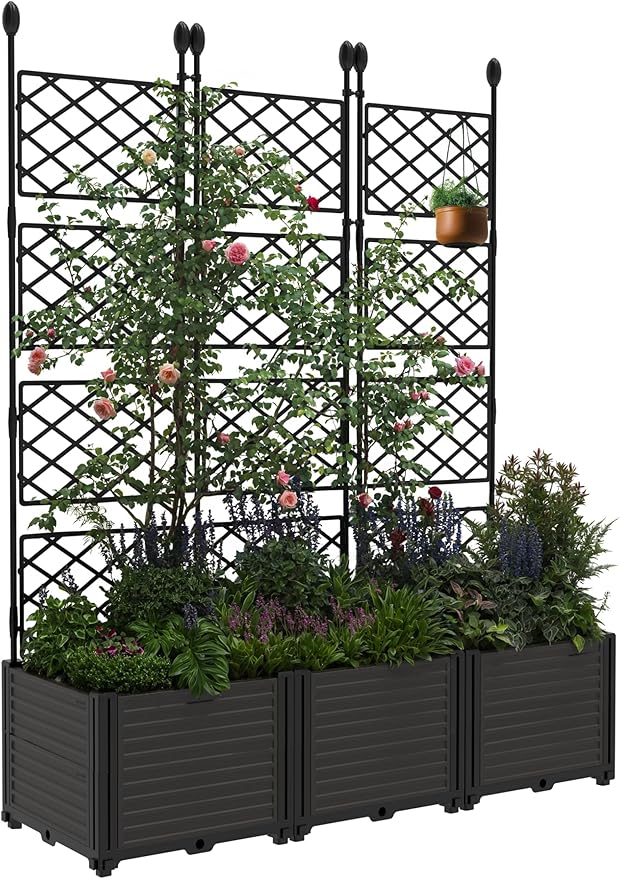 CABIHOME Raised Garden Bed Kit with Trellis, Vertical Planter Box for Balcony Privacy Screen, Small Space Vertical Garden for Climbing Plants & Flowers on Patio and Balcony, Easy Assembly