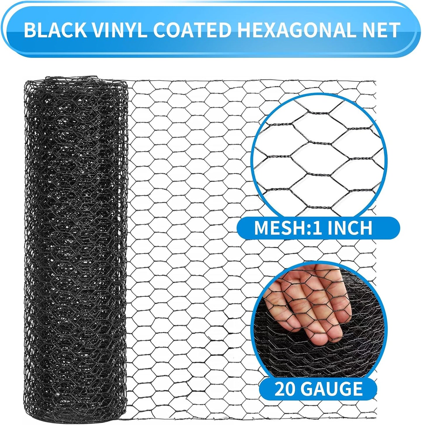 36'' x 150' Black Chicken Wire Mesh Fence, 20 Gauge Galvanized Poultry Netting and 1 inch Garden Mesh Fence Roll, Chicken Wire for Floral Arrangements/Crafts/Farm/Livestock/Pet Protection