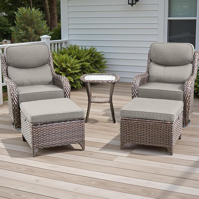 Rilyson Wicker Outdoor Patio Furniture Set - 5 Piece Patio Conversation Sets with Swivel Rocker Chairs, Ottomans and Side Table, 6 inch Cushions, Waterproof Wicker, for Porch Deck Brown/Beige