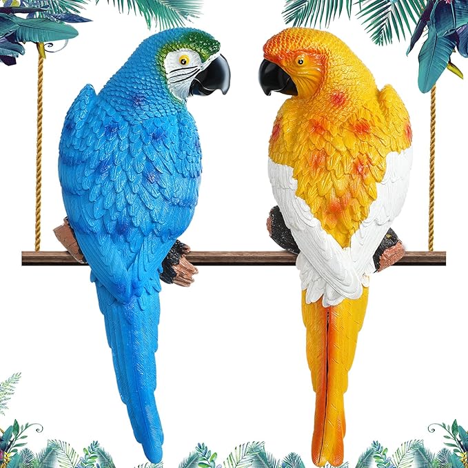 2 Pieces Parrot Decor Outdoor Tiki Bar Decorations Large Realistic Parrot Statues for Outside Lifelike Bird Sculptures Garden Patio Yard Lawn Figurines for Tropical Animal Tree Wall(Blue, Yellow)