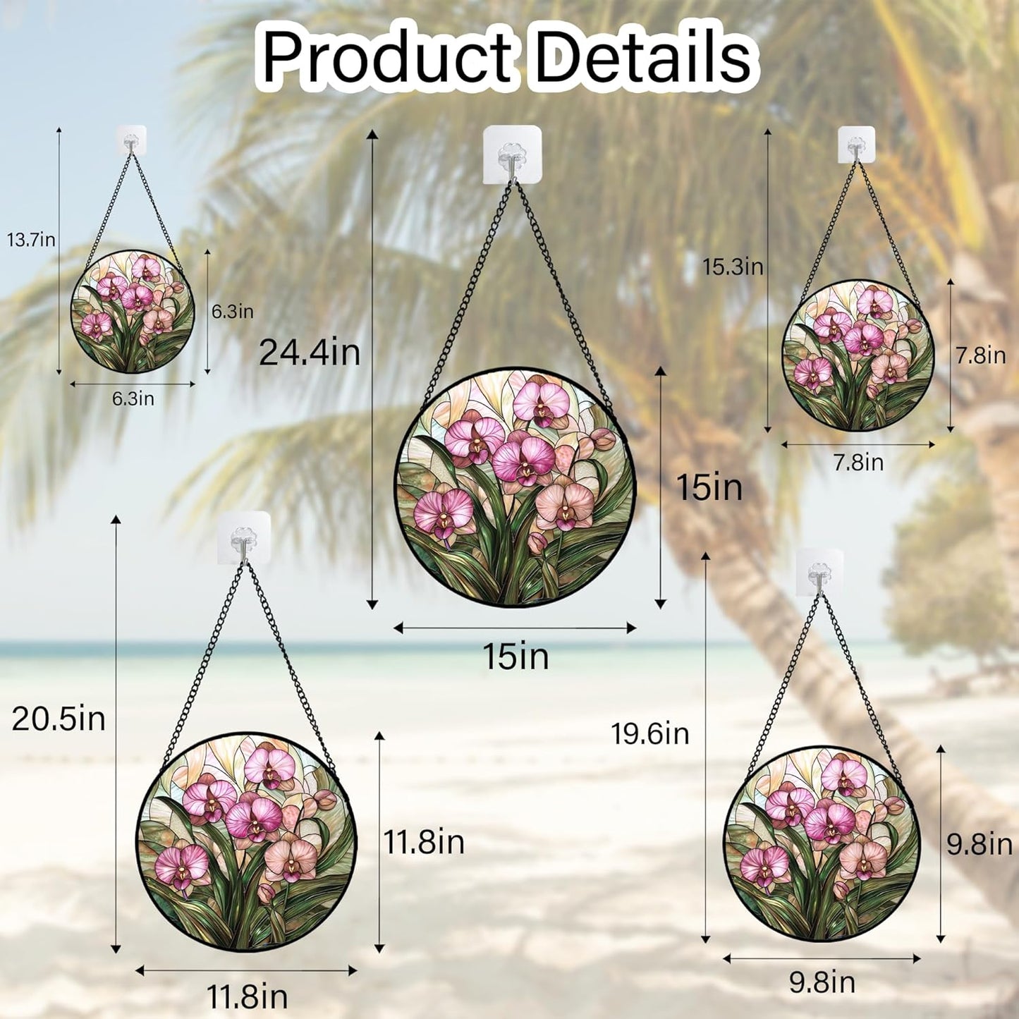 Stained Glass Window Hanging - Pink Phalaenopsis Orchid Green Leaves Sun Catcher for Door Home Decor Flower Suncatcher Christmas Mother's Day Birthday Gifts for Women Men Mom Nana 7.8 in