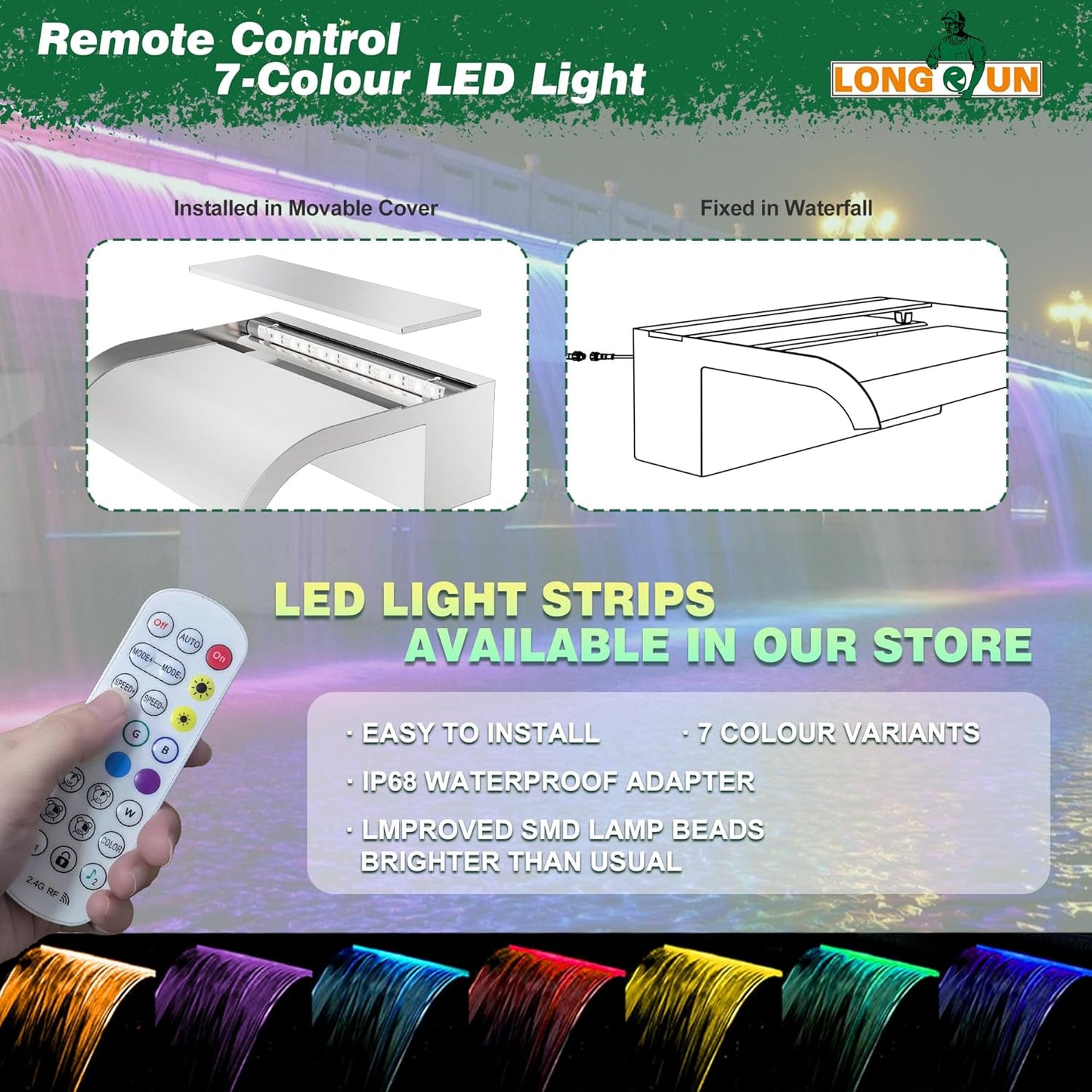 Waterfall Pool Fountain, LONGRUN Stainless Steel Waterfall Spillway for Pools and Ponds - 23.6" Wide Decorative Water Feature for Swimming Pools, Koi Ponds, and Garden