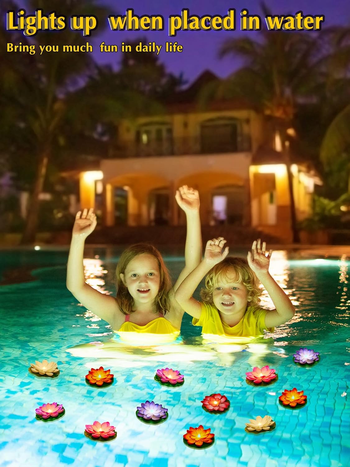 Hortsun 12 Pcs Floating Lotus Lights with Batteries Lily Pads Pool Flowers Diwali Pooja Decorations Floating Candles Decor for Pool Pond Outdoor Indoor(3.94 Inch,Multicolor)