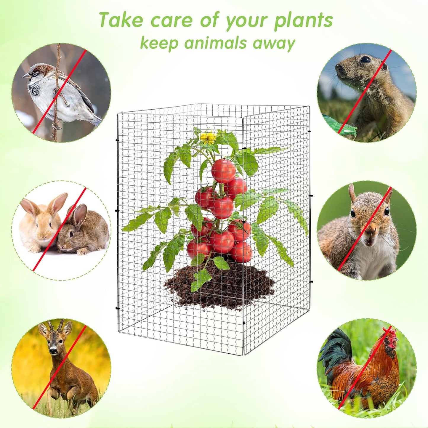 Geosar 60 Pcs/15 Packs Chicken Wire Plant Protectors 11.7 x 19.5 Inch Mesh Plant Protection Cage from Animals with U Shaped Garden Stakes and Nylon Tie for Outdoor Garden Flowers Vegetables