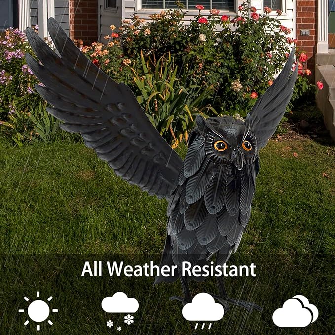 Natelf Solar Owl Decoy Sculptures & Statues Halloween Decoration, Standing Metal Bird Deterrent to Scare Birds Squirrels Away for Outdoor Garden Yard Patio, Black