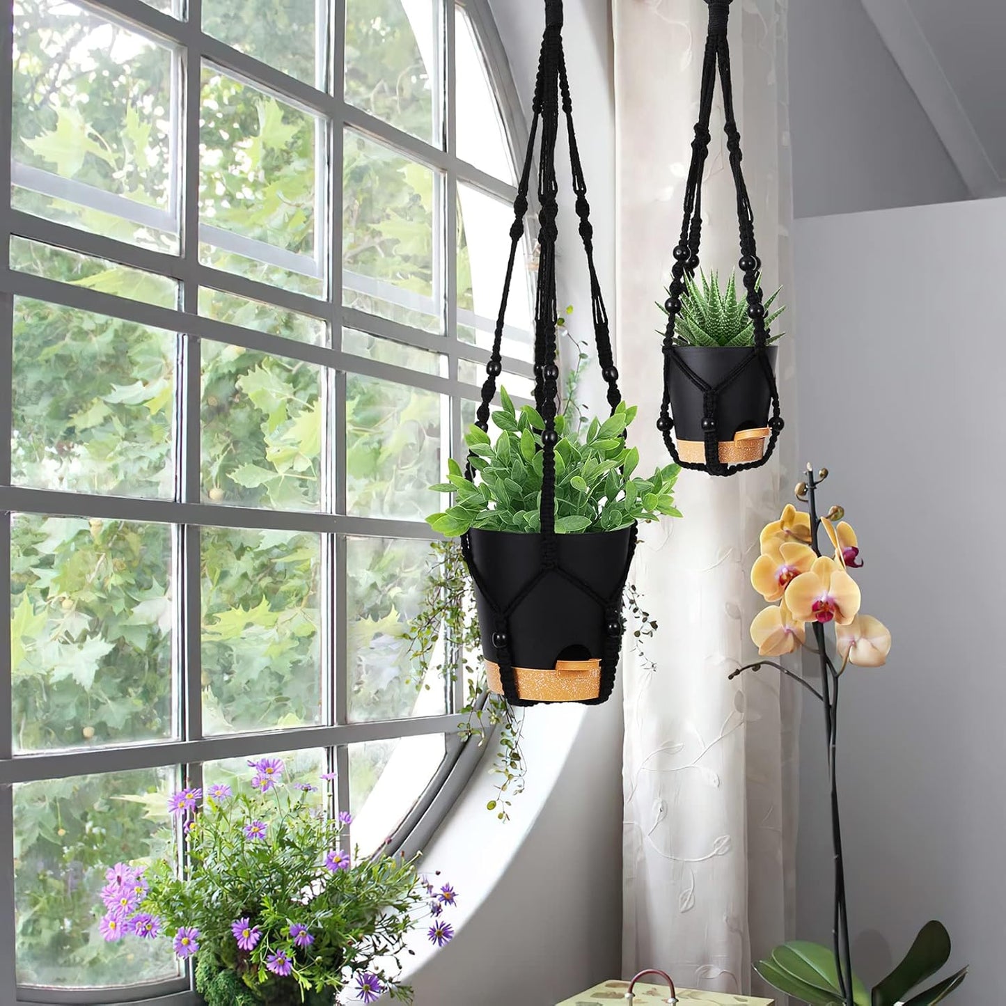GARDIFE Hanging Planters for Indoor Plants,5Pcs Hanging Basket for Indoor Boho Home Decor,Macrame Plant Hanger,35 Inches,29Inch,23Inch, Ivory,Self Watering Planters, 7/6.5/6/5.5/5 Inch,Black&Black