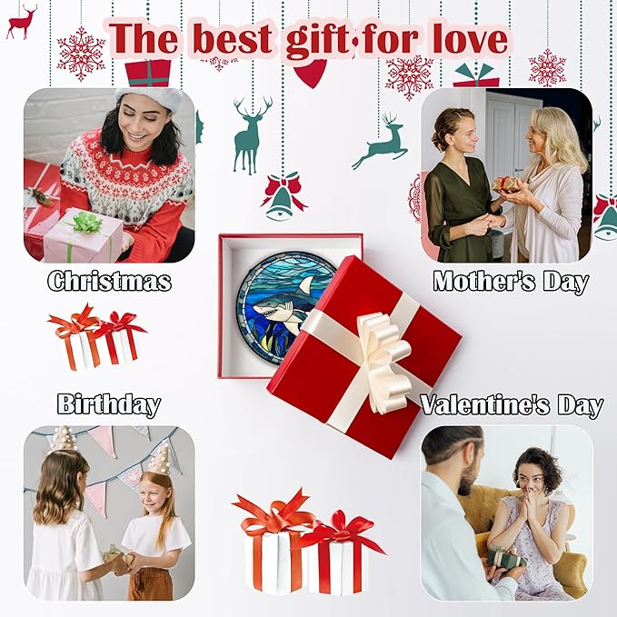 Stained Glass Suncatcher, Blue Ocean Big Shark Sun Catcher Waterweed Stain Glass Window Hanging Decoration Mother's Day Birthday Gifts for Women Men Mom Nana 11.8 in