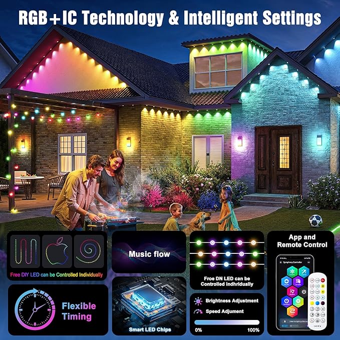 Permanent Outdoor Lights for House, 200FT RGB+IC Smart Eave Lights with DIY Color, IP67 Waterproof, App & Remote Control, 72 Scene Modes, Outdoor Roof Lighting for Christmas, Holiday & Daily Decor