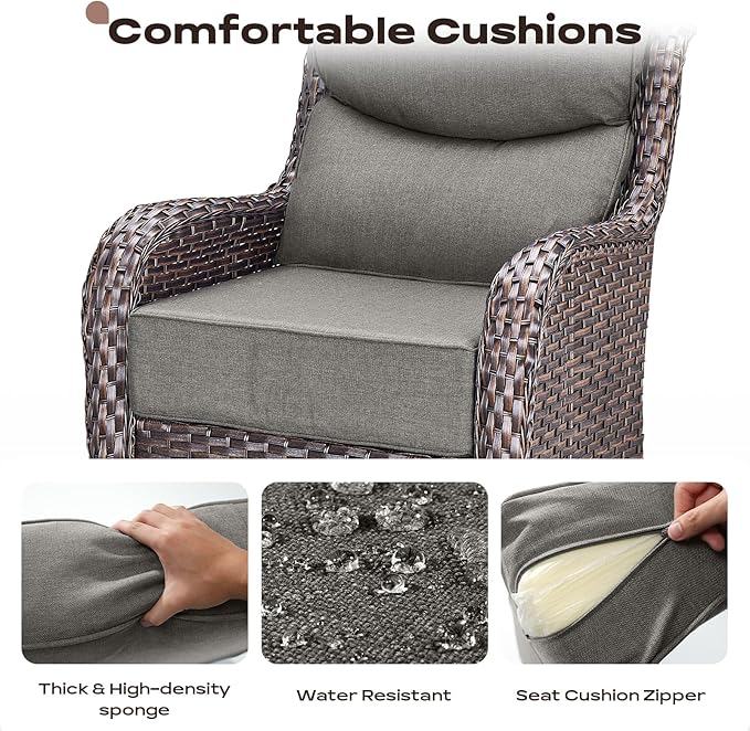 Rilyson Outdoor Patio Swivel Rocker Chairs Set of 2, Waterproof Wicker, High Back, Deep Seating, Wide Armrest, Upgraded 6 inch Thick Cushions, Side Table, Ideal for Deck Porch Yard, Brown-Grey