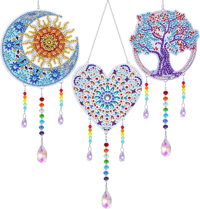 3 Pack Diamond and Painting Suncatcher Window Hanging Ornament Crystal Window Garden Decor DIY Kits for Beginners Adult Kids -Tree, Moon, Heart