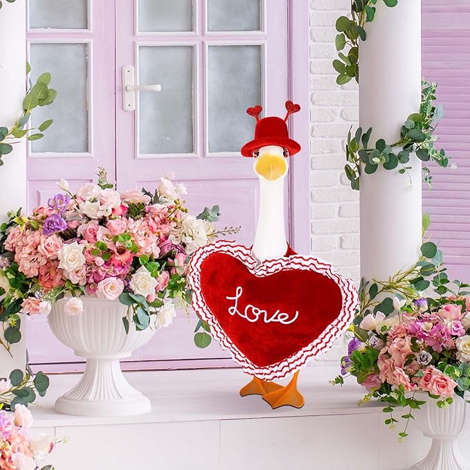 Valentine Goose Outfits Pink Heart Porch Goose Outfit Lawn Porch Goose Clothes Fits 23" Cement Plastic Goose Statue for Valentine's Day Outdoor Garden Yard Patio Art Decor (Red)