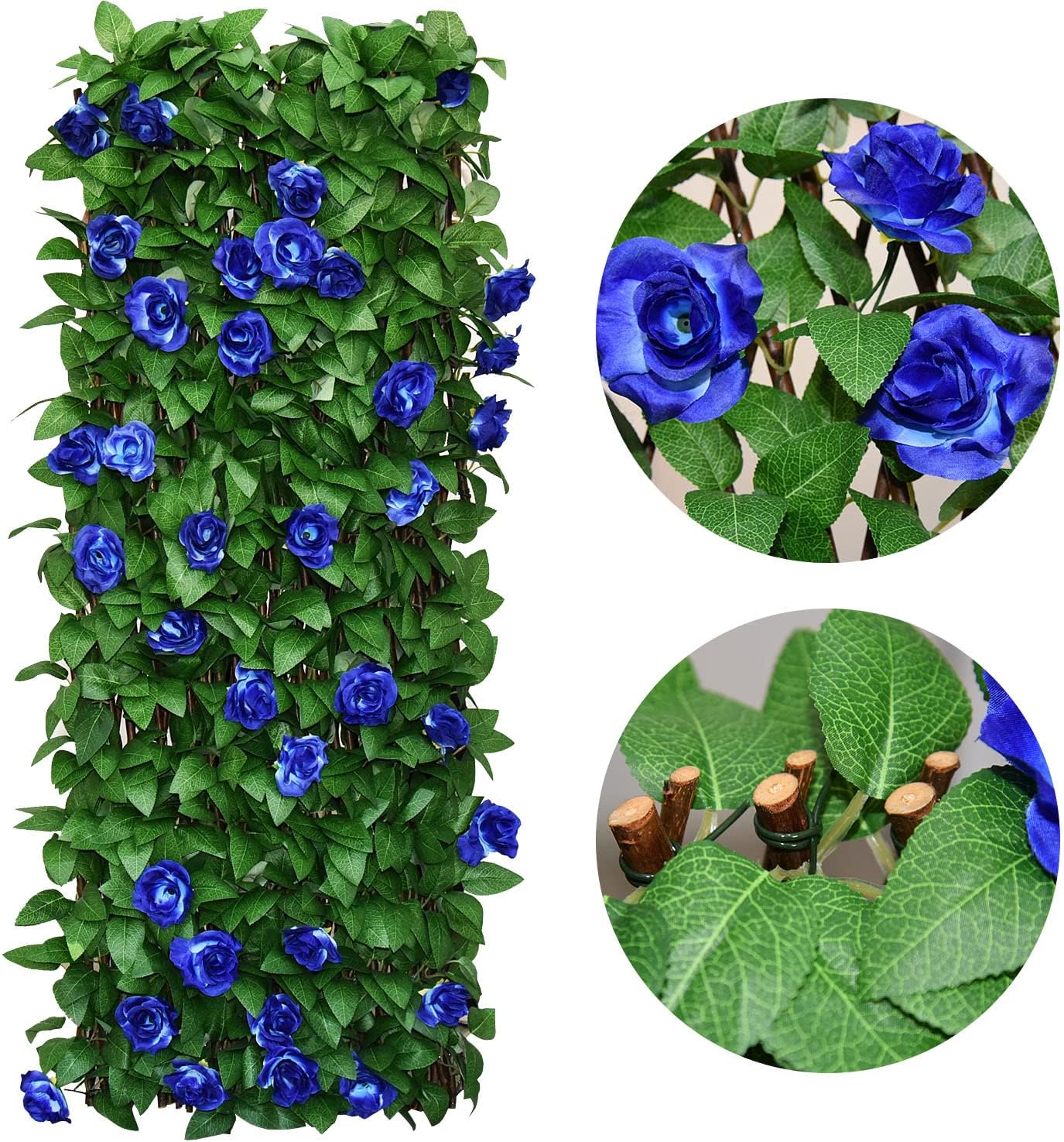 Expandable Fence Privacy Screen for Balcony Patio Outdoor,Decorative Faux Ivy Fencing Panel,Artificial Hedges (Single Sided Leaves) (1, Blue Flowers)