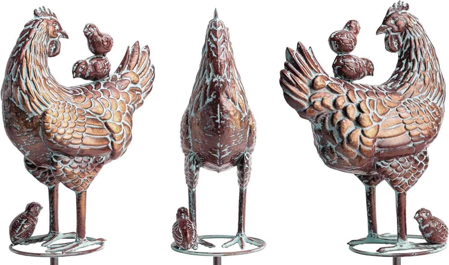 3D Large Metal Hen with Chicks Statue Spinner 79" H Kinetic Garden Chicken Sculpture Decorative Hen Wind Vane Outdoor Yard Art Antique Copper Chicken Garden Stake for Farm Patio Lawn Yard Decor