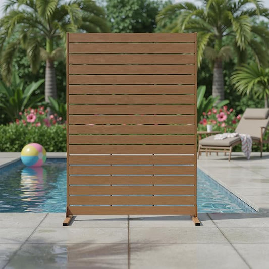 NicBex Outdoor Privacy Screen, 72" H x 47" W Privacy Screen Fence, Brown Freestanding Fence Panels with Metal Stand, HDPE Indoor Decorative Divider for Balcony, Pool, Garden, Bathroom