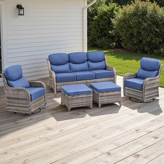Rilyson Wicker Outdoor Patio Furniture Set - 5 Piece Patio Conversation Sets with Swivel Rocker Chairs, Ottomans and Sofa, 6 inch Cushions, Waterproof Wicker, for Porch Deck Mixed Grey/Blue