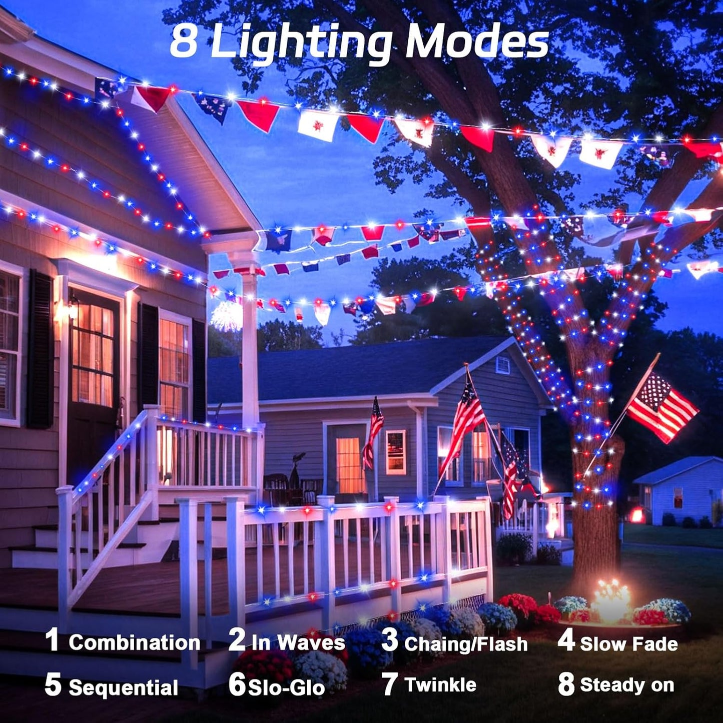 Red White and Blue Solar Fairy Lights, 4th of July Lights Waterproof Outdoor 16.4ft 50LED 8 Modes Memory Function Independence Day Memorial Day Decorations