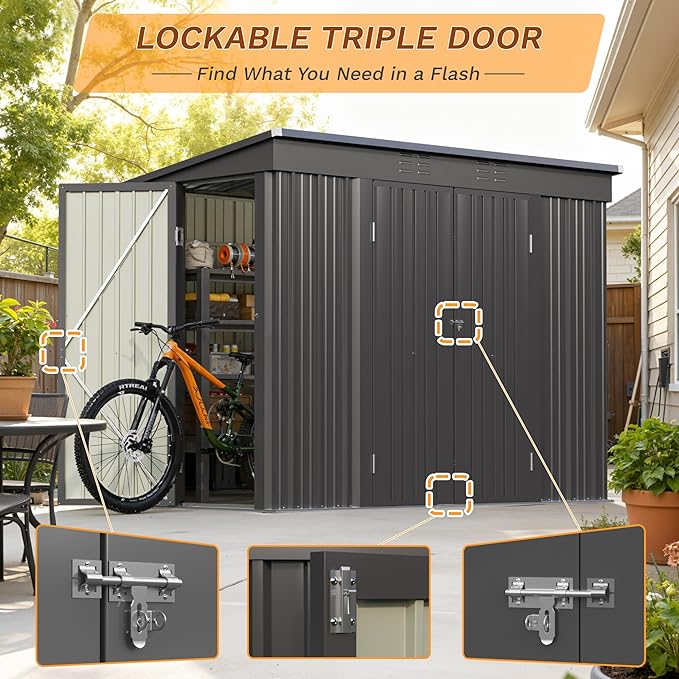 Greesum 8x4FT Outdoor Storage Shed, Metal Shed with Triple Lockable Door, Utility Tool Storaged Garden Shed with Slopping Roof for Patio Storage, Black