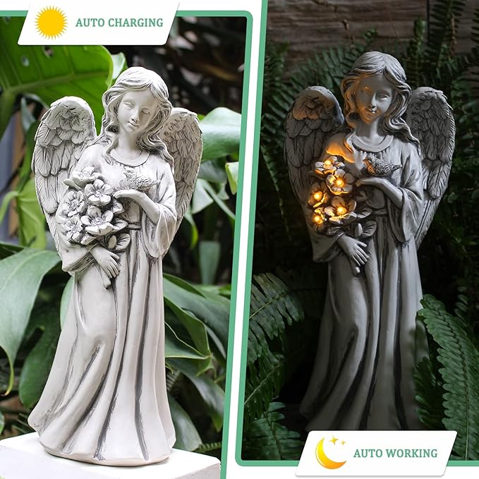 Solar Angel Statue for Outdoor, Angel Figurine with Resin, Outdoor Decor for Patio Lawn Yard Porch, Garden Gift