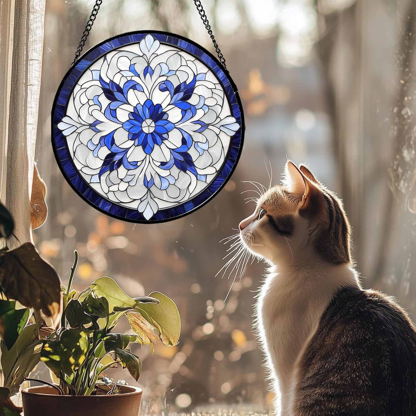 Stained Glass Window Hanging - Blue White Boho Flower Suncatcher for Door Garden Yard Sun Catchers Decor Christmas Mother's Day Birthday Gifts for Women Mom Nana Friend Teacher 15 in