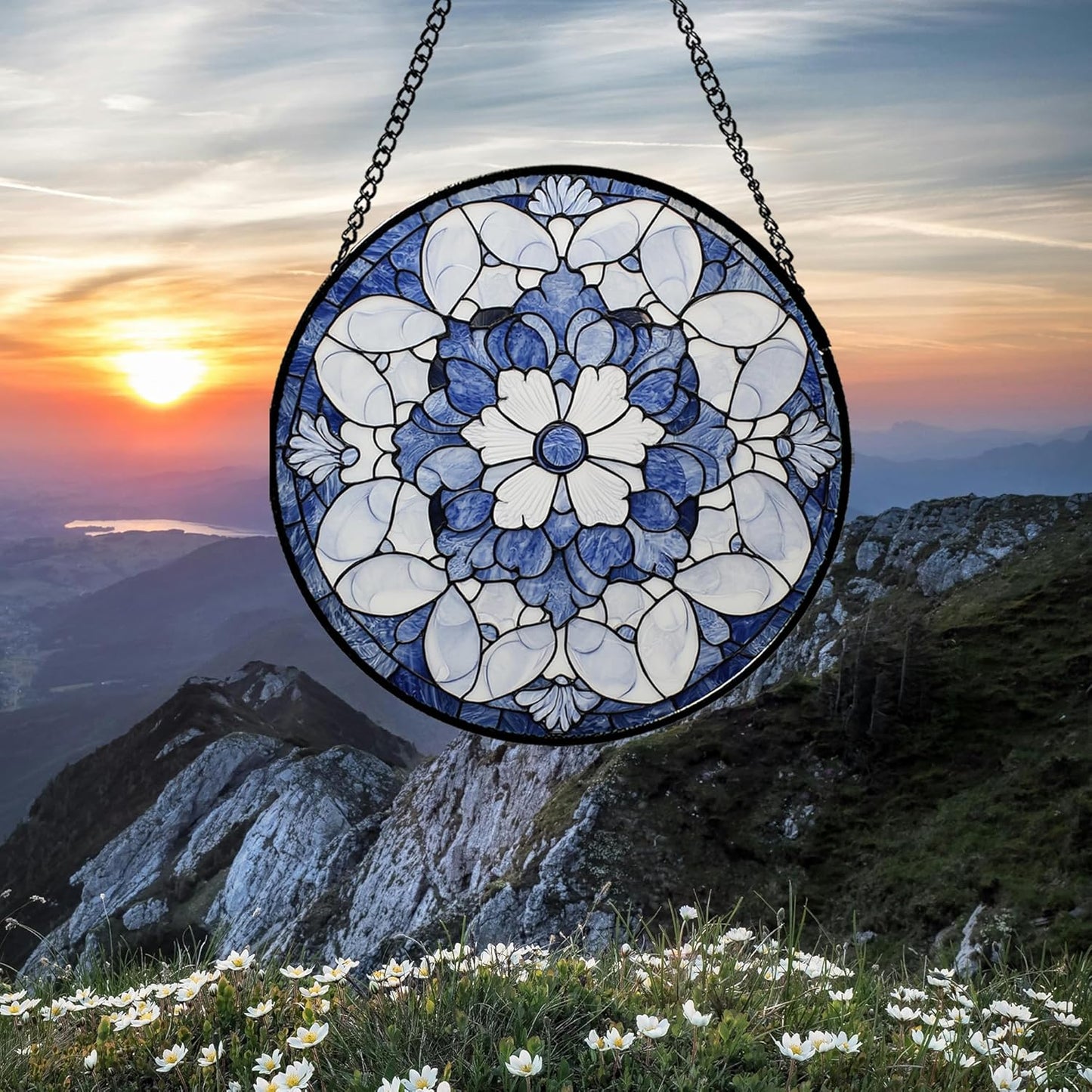 Stained Glass Window Hanging - Blue White Floral Pattern Suncatcher for Doors Garden Retro Sun Catchers Decor Christmas Mother's Day Birthday Gifts for Women Men Mom Nana Friend Girl 7.8 in