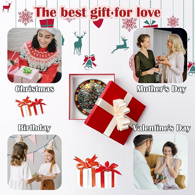 Stained Glass Window Hanging - Winter Christmas Tree Suncatcher Ready to Hang Window Doors Home Decoration, Christmas, Mother's Day Birthday Gifts for Women, Men, and Mom 11.8x11.8 in