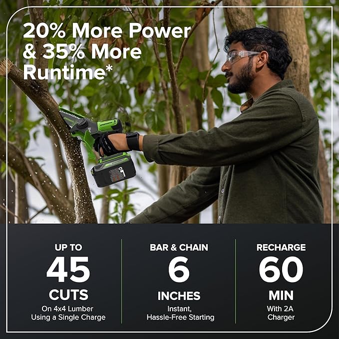 Greenworks 24V 6in BL Pruning Saw w/Auto Oiler, (1) 2.0Ah Battery & 2A Adapter Charger