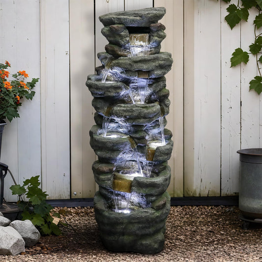 SunJet 51" High Multi-Tiers Cascading Rock Outdoor Water Fountain with LED Lights - Large Outdoor Resin Fountains and Waterfalls for Garden or Patio, Yard, Deck Decor, Featuring Natural Stone Look