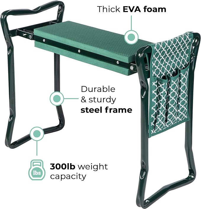 Garden Kneeler And Stool - Foldable Garden Seat For Storage - EVA Foam - Heavy Duty and Lightweight Gardening Yard Tools - Great for Gardening Gifts for Women - Bench Comes With Tool Pouch and Gloves