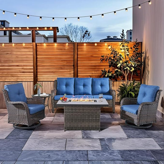 HUMMUH Patio Furniture Set with Fire Pit Table 5-Piece Wicker Outdoor Swivel Rocker Patio Chairs High Back Outdoor Couch Conversation Set for Porch, Backyard, Deck