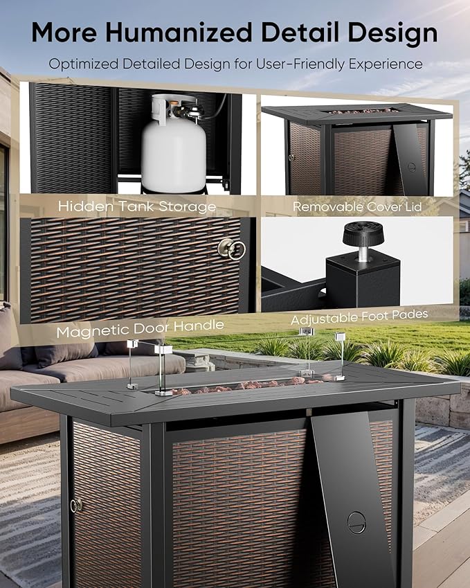 HUMMUH 7-Piece Patio Furniture Set with Fire Pit,Wicker Patio Glider Loveseat Outdoor Swivel Rocker Chairs with Ottomans for Backyard,Poolside,Deck