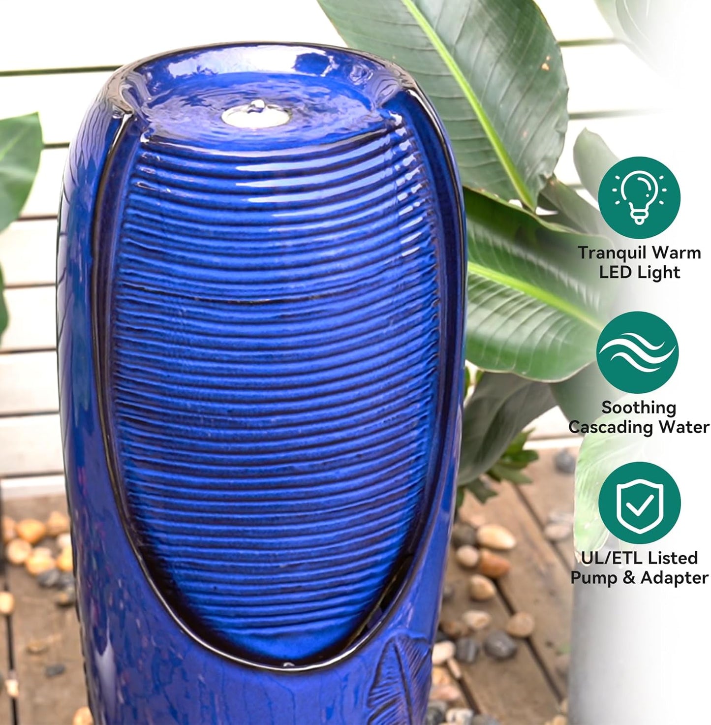 33" H Outdoor Garden Fountain with LED Lights, Modern Ceramic Jar Water Fountain, 3D Tropical Leaf Pattern, Cobalt Blue Glaze, Soothing Cascading Waterfall for Relaxing Patio, Yard, Porch