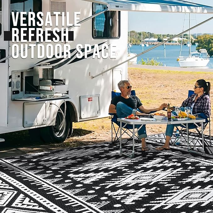 OLANLY Outdoor Rug Waterproof 8x10 ft, Reversible Outdoor Plastic Straw Rug, Boho Patio Rug, Indoor Outdoor Carpet, RV Mat Outside for Patio, Camp, Picnic, Balcony, Deck, Backyard, Black & White