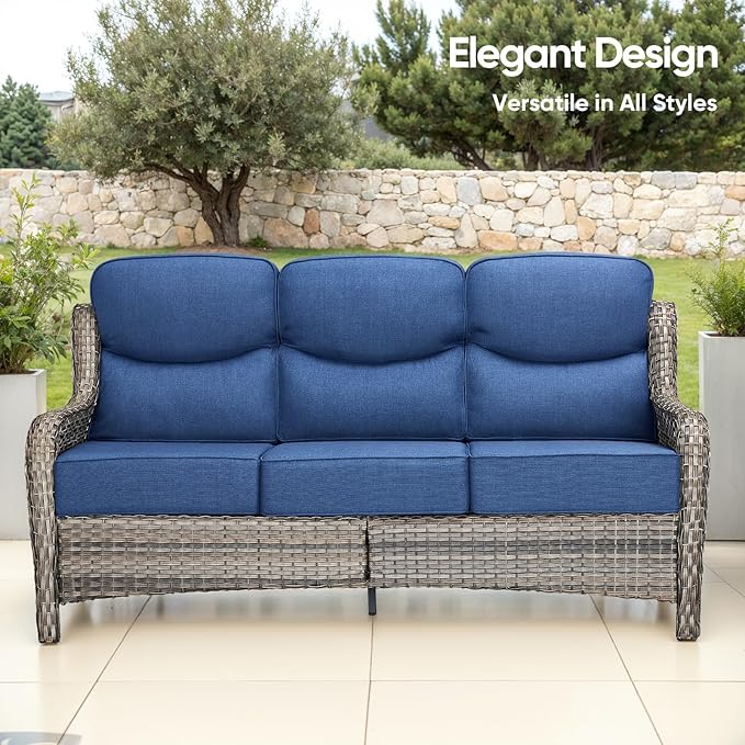Swivel Patio Chairs sofa Set of 6 - 6" Thick Cushion - Wicker Outdoor Swivel Rocker Patio Chair ,Sofa/Glass coffee table, High Back Comfortable Outdoor Glider Chairs - Grey Wicker | Blue Cushions