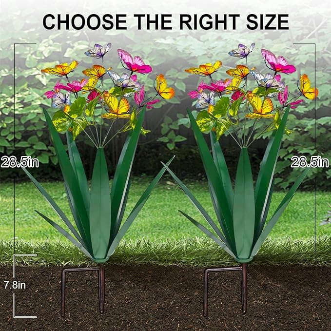 Garden Outdoor Butterfly Enlarge Thickened Wind Resistant Metal Agave Garden Art Metal Plant Country Sculpture Statue Decorations Ornaments Artificial Waterproof Butterflies(Green 2pcs)