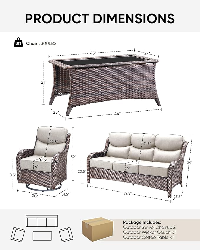 HUMMUH 6 inch Thick Cushion Wicker Patio Furniture Set with Outdoor Swivel Rocker Patio Chairs,High Back Outdoor Couch and Coffee Table for Porch Garden Deck