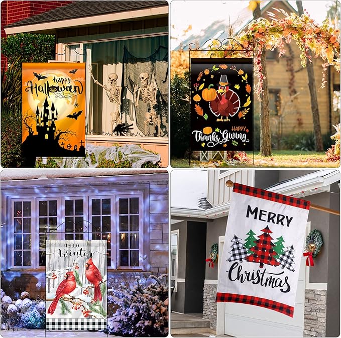 Mixweer 12 Pack 28 x 40" Large Seasonal Garden Flags for Outside Seasonal Lawn Yard Outdoor Flags Set Polyester Double Sided for Holiday Christmas Festive Decorations