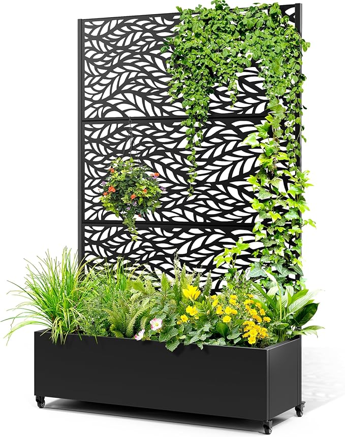 Metal Raised Garden Bed with Trellis, 2-in-1 Planter Box & Privacy Screen for Climbing Plants, Outdoor Standing Flower Bed with Drainage Holes, 47.2" L x 16.7" W x 70.8" H, Black-Spring