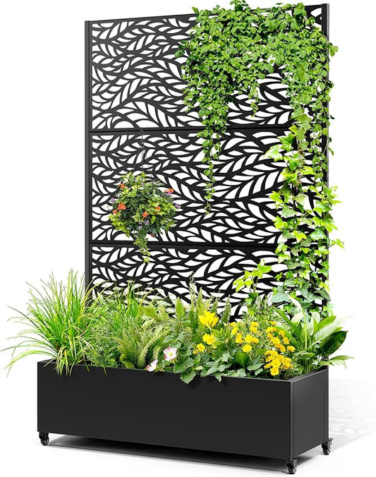 Metal Raised Garden Bed with Trellis, 2-in-1 Planter Box & Privacy Screen for Climbing Plants, Outdoor Standing Flower Bed with Drainage Holes, 47.2" L x 16.7" W x 70.8" H, Black-Spring