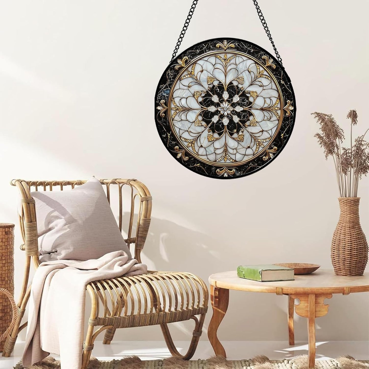 Stained Glass Window Hanging, Black and White Gold Boho Pattern Suncatcher for Doors Window Home Abstract Flower Sun Catchers Decor Mother's Day Birthday Gifts for Women, Men Mom 7.8 in