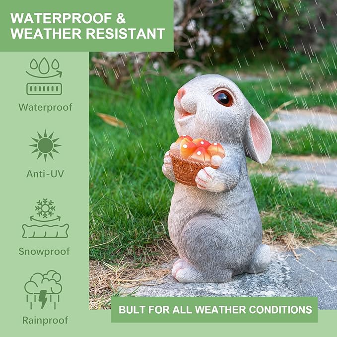 Solar Rabbit Garden Statues Outdoor Bunny Decor Resin Rabbit Figurine Holding Mushroom with LED Lights for Porch Patio Lawn Yard Christmas Housewarming Gardening Gifts for Mom Grandma