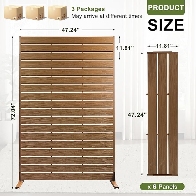 NicBex 3-Pack Outdoor Privacy Screen, 72" H x 47" W Privacy Screen Freestanding Decorative Fence with Metal Stand, HDPE Fence Panels Indoor Decorative Divider for Pool, Garden, Bathroom, Brown