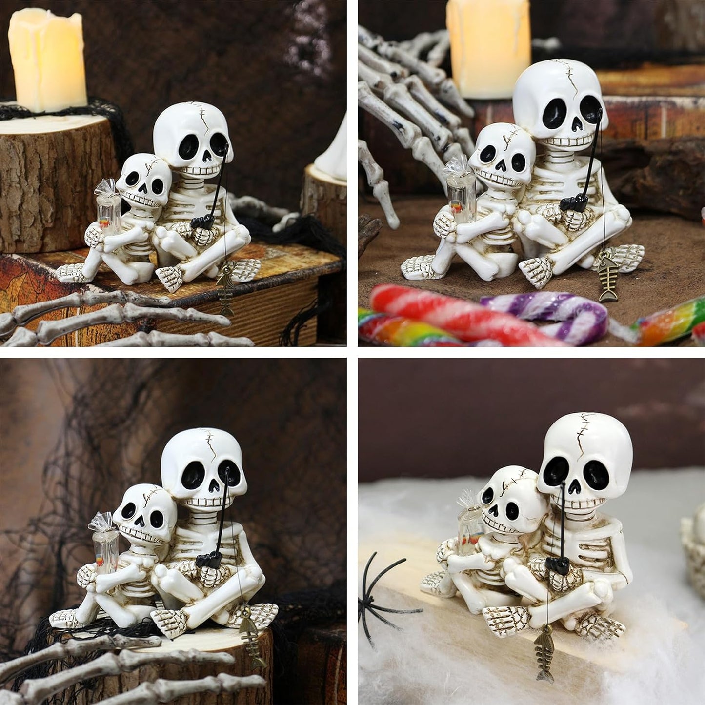 Fishing Skeleton Statue Halloween Decorations, Mini Cute Sitting Skull Figurine Shelf Sitter Resin Sculpture for Outdoor Garden Yard Lawn Pond Waterfalls Pool Ornaments