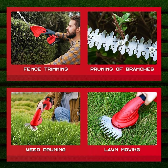 Cordless Hedge Trimmer with Battery (2Pack) and Charger, 2 in 1 Handheld Small Electric Bush Trimmers/Grass Cutter Yard Tool for Shrub/Tree/Lawn, Rechargeable Battery Powered Hedge Clipper for Garden