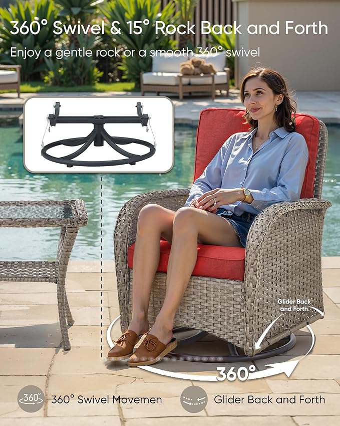 HUMMUH 3 Piece Outdoor Rocking Chairs Bistro Set-All Weather Wicker Outdoor Swivel Chairs Set of 2 with Side Table Small Patio Furniture Set for Deck Lawn Porch Balcony Poolside-Grey/Red