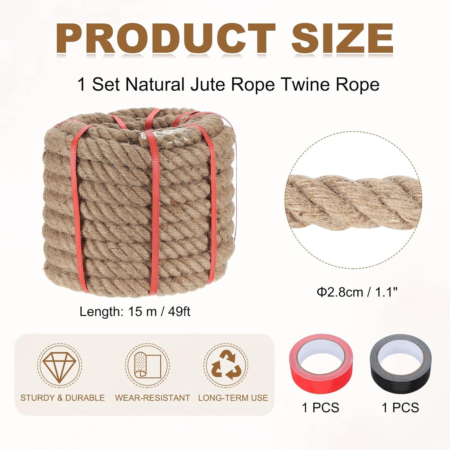 MECCANIXITY Jute Rope 1.1 Inch x 49ft, Thick Twine Rope Ropes Braided Jute Twine Natural Brown Burlap Cord String Heavy Twisted with Tapes for Decorative Crafts Railing Swing Tug of War