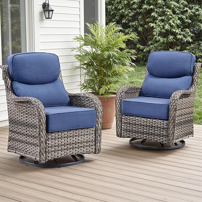 Rilyson Patio Outdoor Swivel Rocker Chairs Set of 2, Waterproof Wicker, High Back, Deep Seating, Wide Armrest, Upgraded 6 inch Thick Cushions, Ideal for Deck Porch Backyard, Mixed Grey/Blue